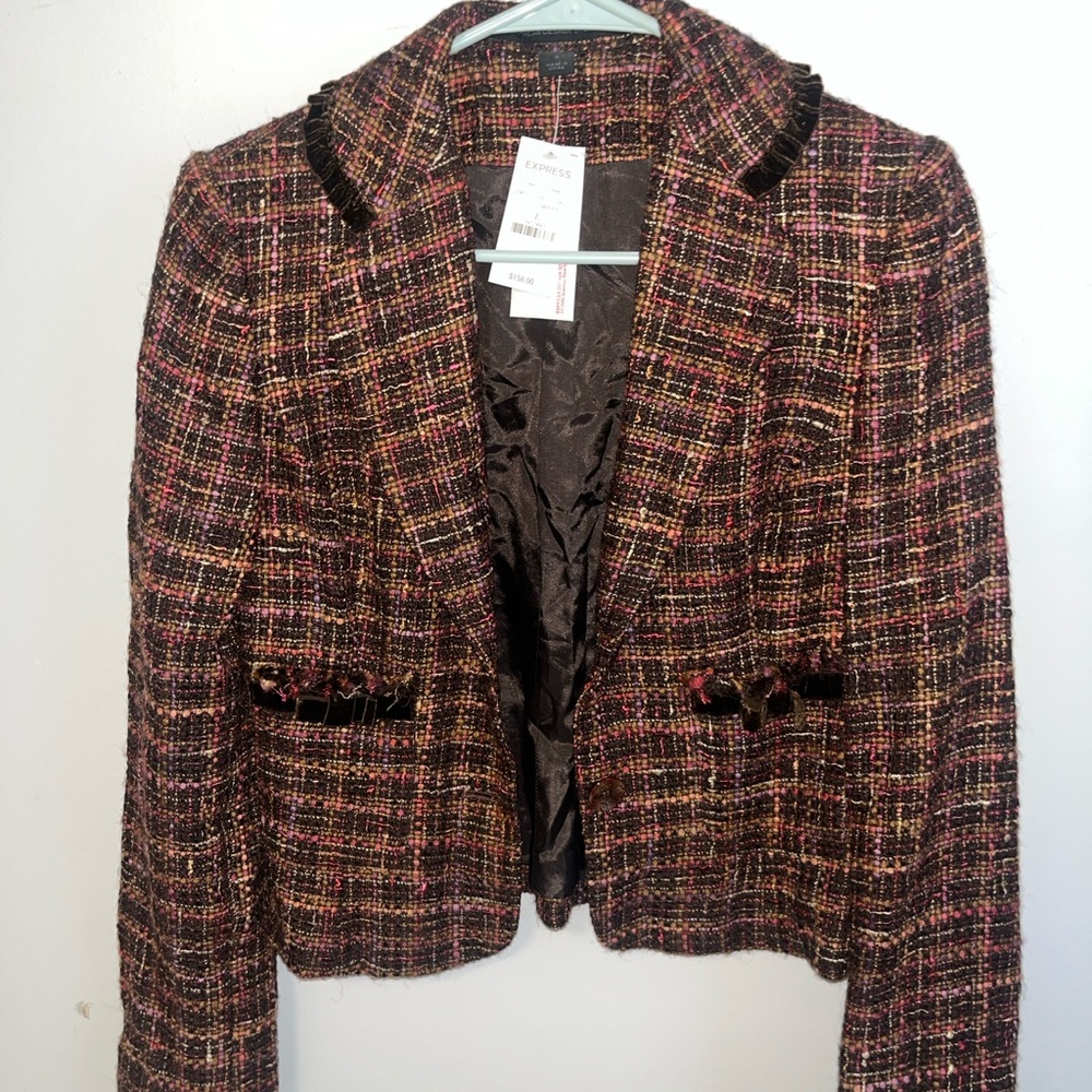 Express Black and Brown Tweed Blazer with Notched Lapel